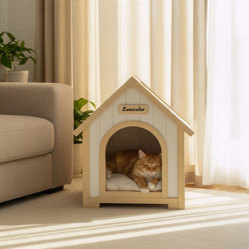Niche pour chien moderne en bois avec coussin en EVA - Maison en cèdre massif pour petits chiens et chats