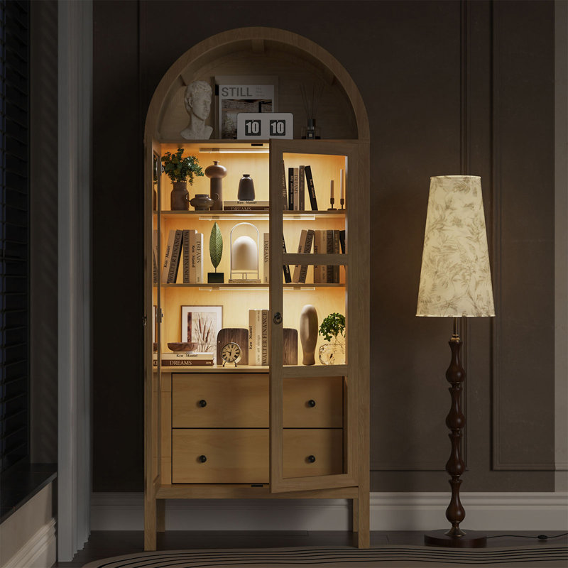 Armoire moderne arquée avec portes en verre, armoire de rangement de 72 po de hauteur à capteur automatique avec tablette réglable en hauteur et bibliothèque à 2 tiroirs en grain de bois de chêne original