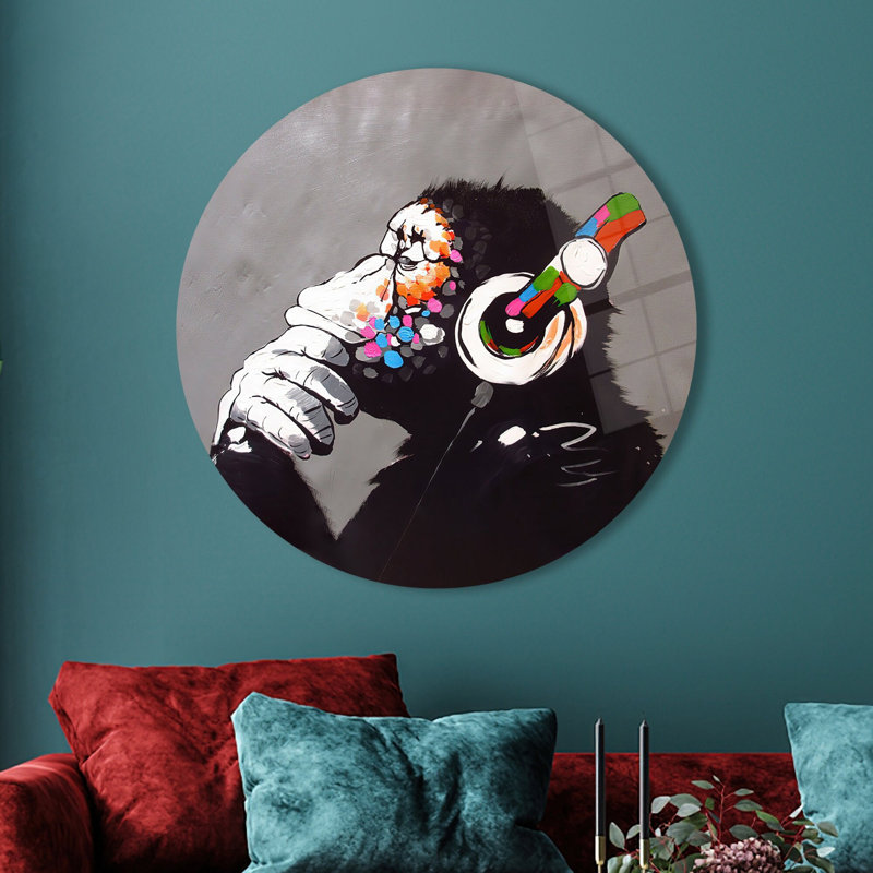Abstrait art mural en verre trempé avec un chimpanzé musical pour un décor de style de rue unique, H 11,8 po x l 11,8 po