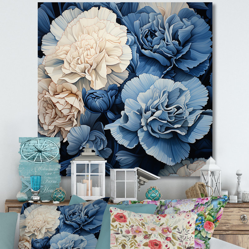 Arrangement mural œillets blancs et bleus VI - œillets, H 24 po x l 24 po x P 1 po, Toile tendue