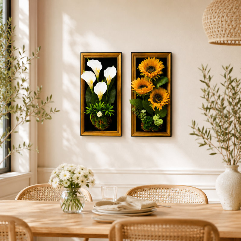 Ensemble de 2 sculptures murales botaniques 3D florales, décoration murale artificielle blanche et verte, 23 x 45 cm