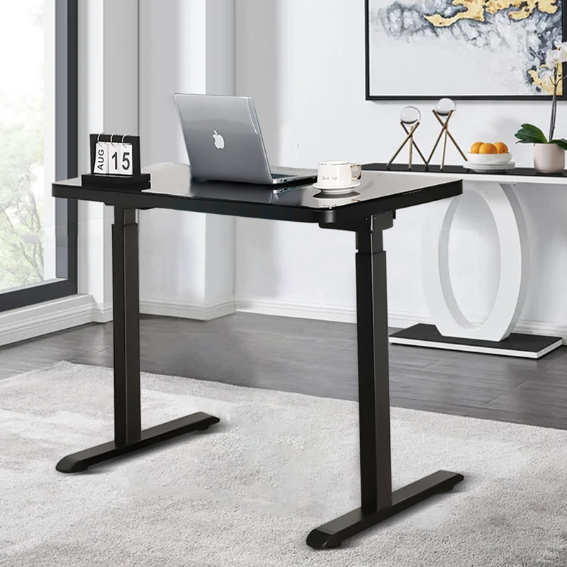 Khrystyne Adjustable Glass Top Metal Base Standing Desk with Power Outlet, Black