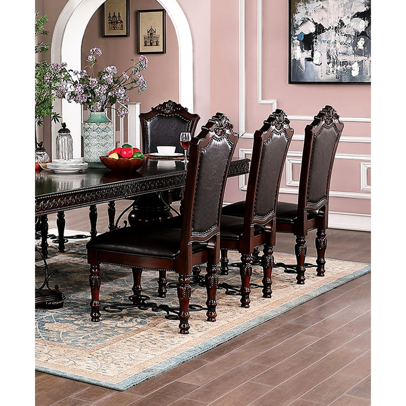 Chaises de salle à manger rétro 2 pièces, bois de cerisier brun, faux détails, coussin de siège noir, ornements traditionnels en bois massif, coussin
