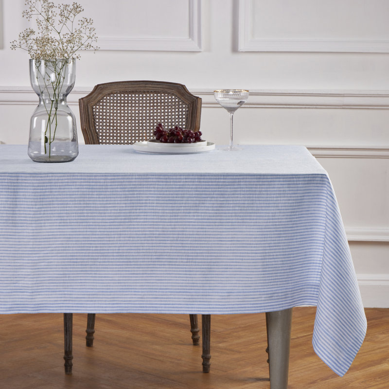100% Pure Linen Tablecloth, 120" L x 60" W, Cornflower Blue/White, Narrow Stripe
