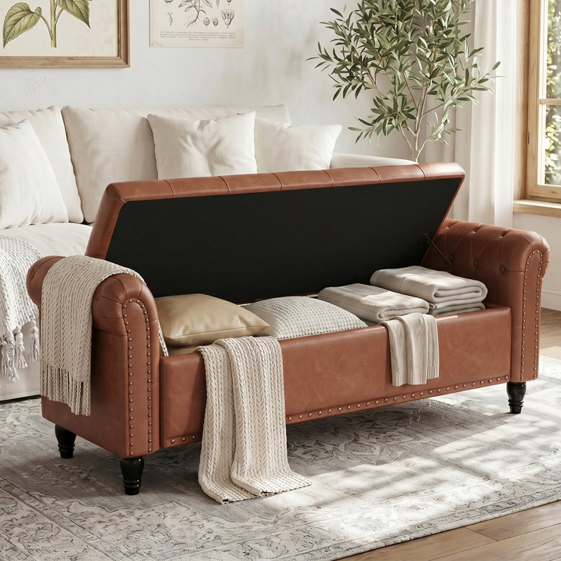 Banc de chambre à coucher avec rangement, Brun, H 22 po x l 55,7 po x P 18 po