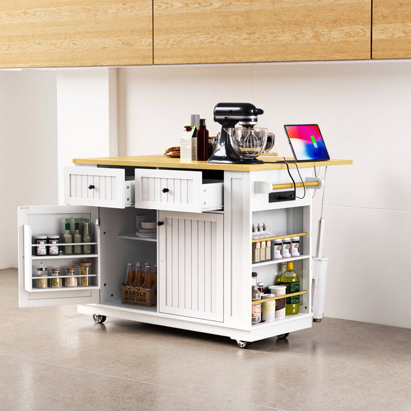 Barre de petit-déjeuner à abattant en forme de losange écrasé, alimentation 3-AC / 2-USB intégrée, supports à épices en bambou, 5 roulettes dissimulées, plateau supérieur de 440 lb