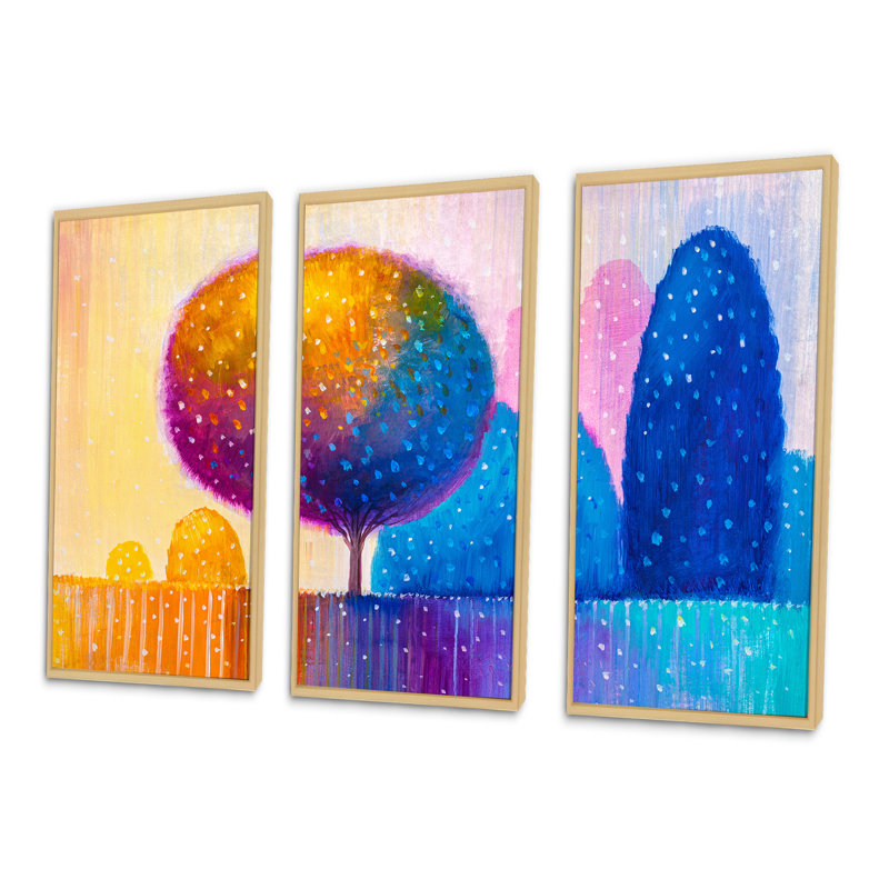 "Colorful Ornamental Trees" - 3 pièces, cadre flottant, impression sur toile, L 48 po x H 32 po, Cadre doré