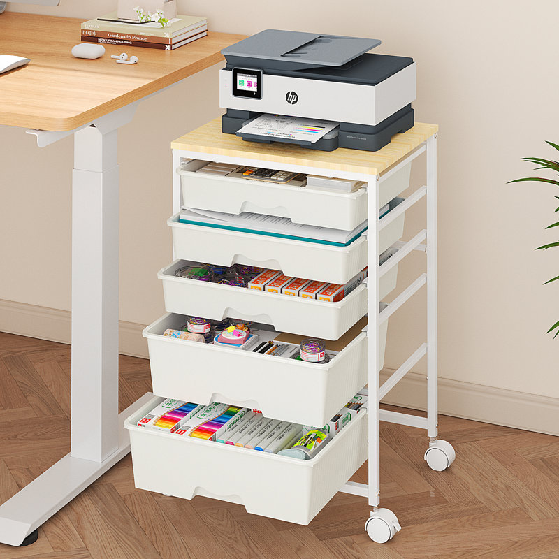 Chariot de rangement à roulettes à 5 tiroirs avec plateau en bois, organisateur mobile avec roulettes verrouillables, blanc