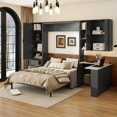 Grand lit escamotable avec levage hydraulique, canapé, tablettes, tiroirs, éclairage DEL / USB, panneau beige, canapé beige