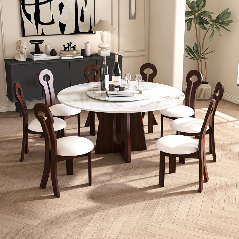Table de salle à manger moderne en marbre, table de salle à manger ronde en pierre frittée avec base en bois de noyer massif, conception en croix robuste