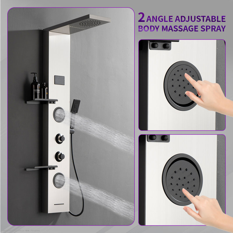56.93" Shower Panel System with Rainfall Shower Head - All-in-One Fixed Shower Panel with Adjustable Jets, Black Nickel