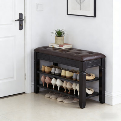 Banc de rangement rembourré en bois massif pour hall d'entrée