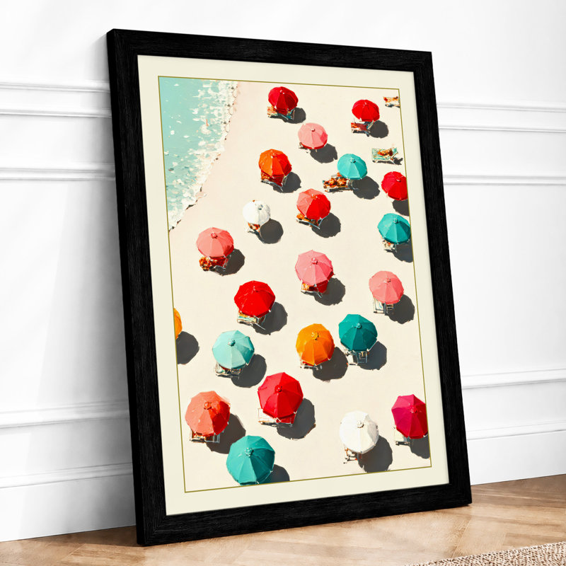 Umbrellas On Sand Modern - Single Picture Frame Print, A1 - 84.1 x 59.4 cm, Black