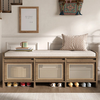Banc de rangement rustique de 48 po avec tiroirs en rotin et coussin rembourré pour le salon, le couloir et le vestibule