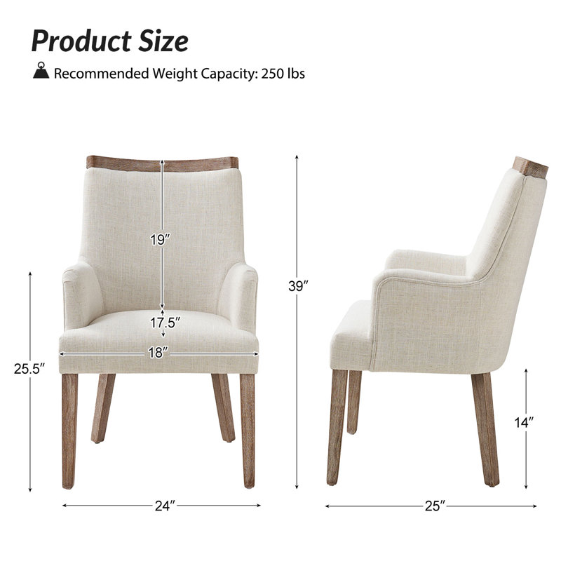 Chaise avec accoudoirs à dossier rembourré H 19 "avec pieds en bois massif Sara Farmhouse, Ivoire