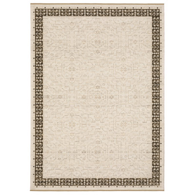 Abena Beige Brown Bordered Oriental Wool Rug