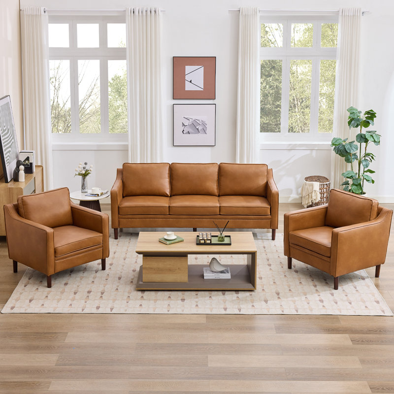 Azriah 3 Piece Faux Leather Living Room Set, Brown
