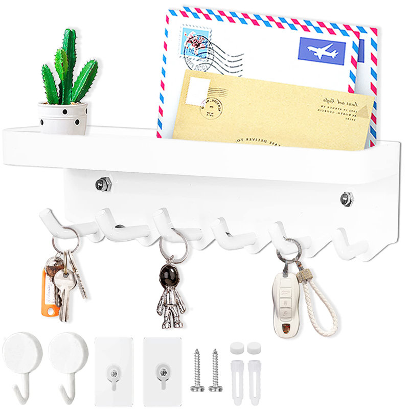 Metal Wall Organizer with Key Hooks, White