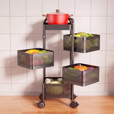 Chariot de rangement rotatif à 4 niveaux pour cuisine en acier au carbone avec roulettes et couvercle