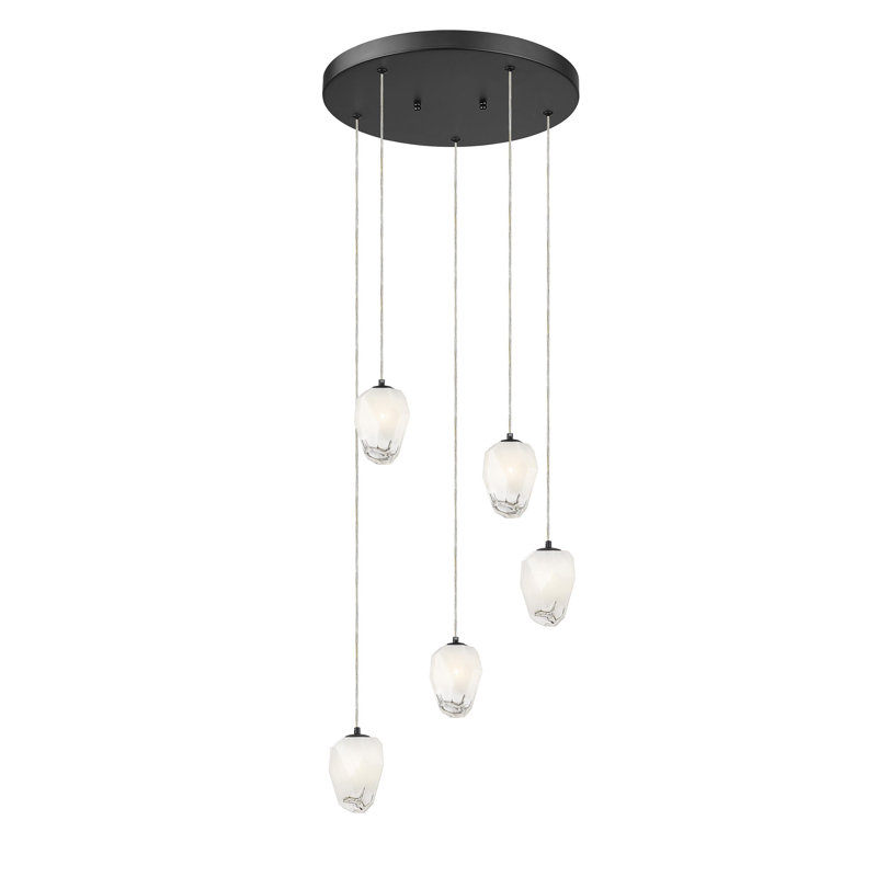 Lustre noir 5 lumières avec abat-jour en verre blanc, Noir mat