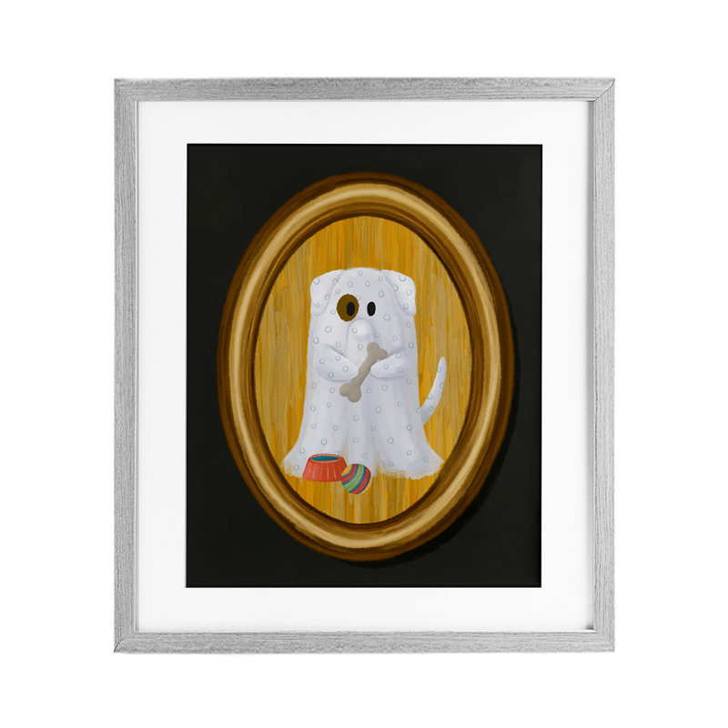 Ghost Dog with Bone, reproduction encadrée sous verre, design par Jennifer Stith, H 16 po x l 13 po, Cadre de ferme gris