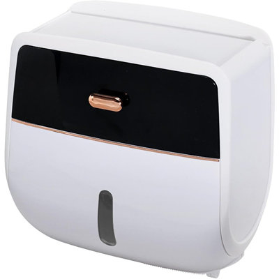 Self-Adhesive Toilet Paper Holder With Drawer And Shelf – Watertight Semi-Auto Tissue Dispenser For Bathroom, Black