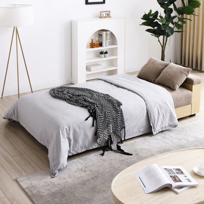 Multifunctional Convertible Sleeper Bed, Brown Cotton Linen Upholstered Couch With Storage , Drop Down Table And 2 Cup Holders, High Density Foam Filler, Solid Wood Frame, 3 - Person Seating,