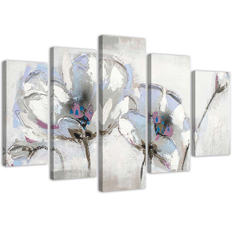White Painted Flowers - 5 Piece No Frame Print on Canvas