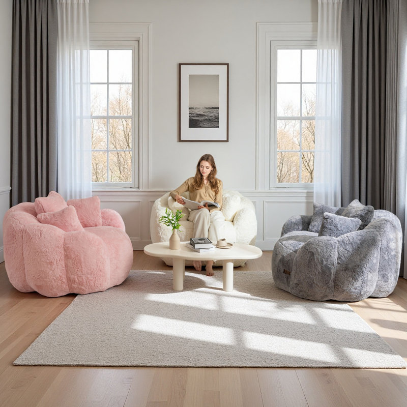 Oversized Floral Shaped Bean Bag Chair with 3 Pillows, Beige Faux Fur