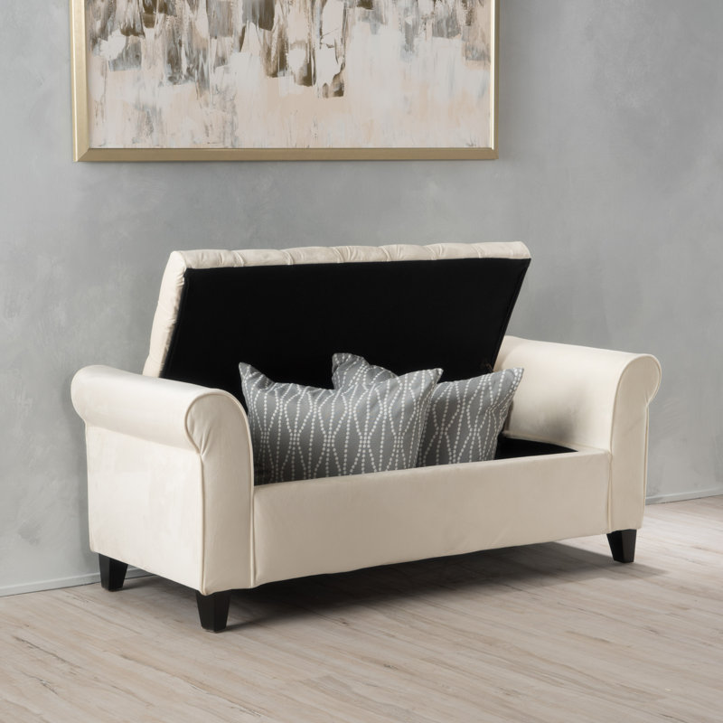 Banc de rangement en tissu au design capitonné et accoudoirs roulés
