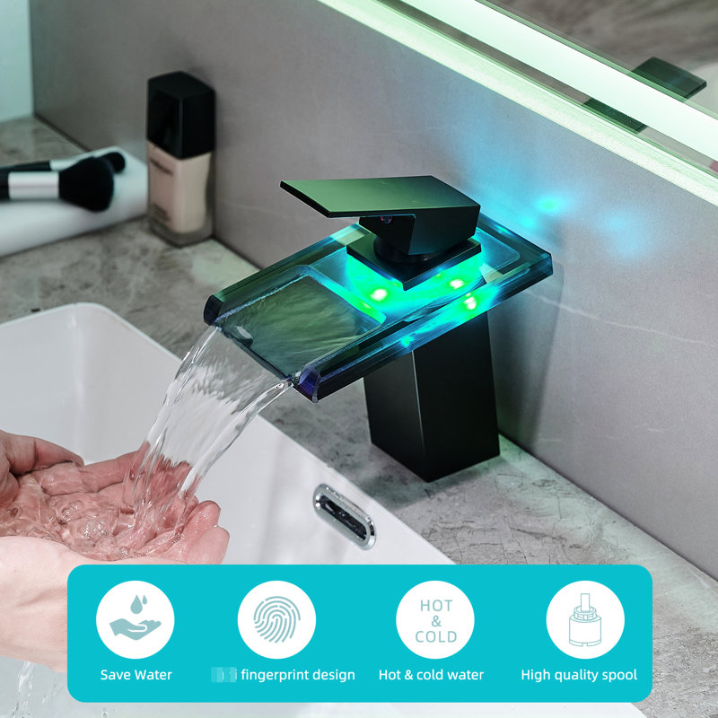 Robinet de salle de bain à DEL à changement de 3 couleurs, bec cascade, mélangeur d'eau froide et chaude, robinet de meuble-lavabo noir à une poignée et fixation sur le comptoir, robinet réglable