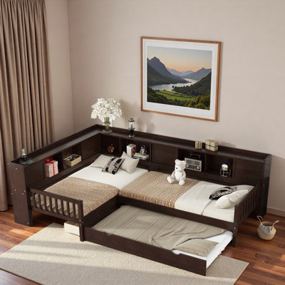 L-shaped Platform Bed With Trundle, Storage Drawers And Shelves