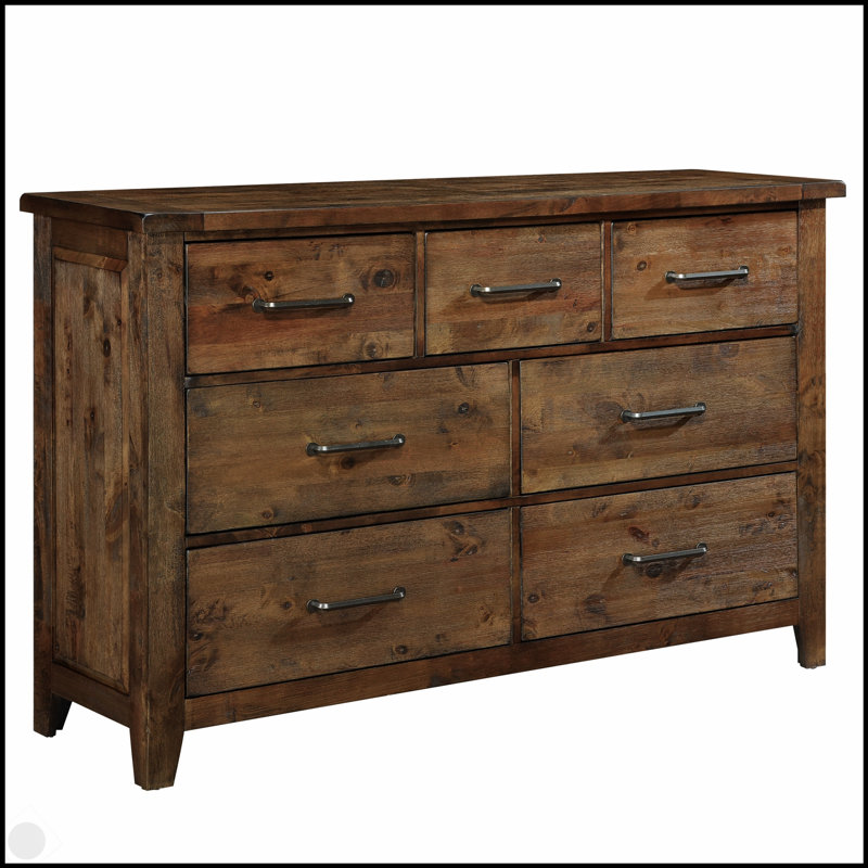 Commode classique à 7 tiroirs bruni classique, bois d'hévéa massif, design transitionnel rustique pour un rangement durable dans la chambre à coucher