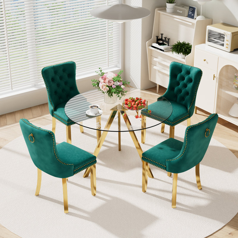 5-Piece Pedestal Gold Dining Set, Green, 30" H x 39" W x 39" D