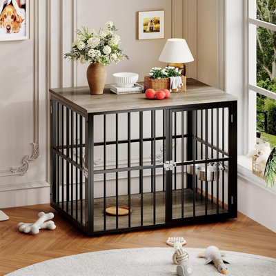 Meuble pour chien de 43 pouces, chenil d'intérieur en bois robuste avec portes doubles et bols d'alimentation réglables, table d'appoint latérale pour chiens de taille moyenne à grande