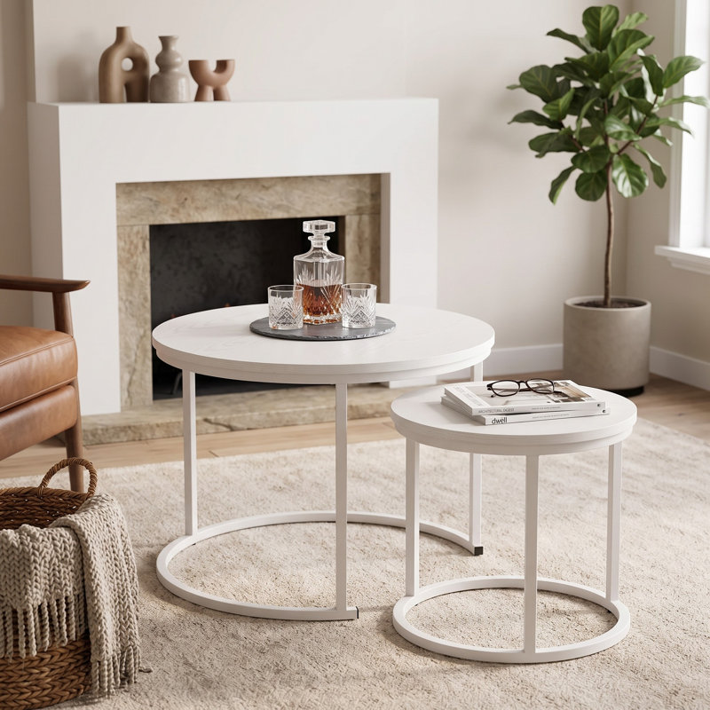 Table basse gigogne, ensemble de 2 tables basses rondes de 23,6 po, ensemble de tables gigognes en bois avec structure en métal, tables d'appoint pour le salon, la chambre et le balcon, blanc