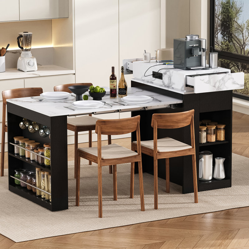Table de salle à manger extensible avec plateau pliable, table de bar avec tiroirs et prise de courant, îlot de cuisine avec roulettes et crochets, buffet pour la cuisine et la salle à manger (noir et blanc marbré)