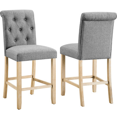 Counter Height Stools, Of 2, Grey - Padded Seat, Button Back, Solid Wood Frame, Fabric, Kitchen & Dining Area Back Fabulously Seat