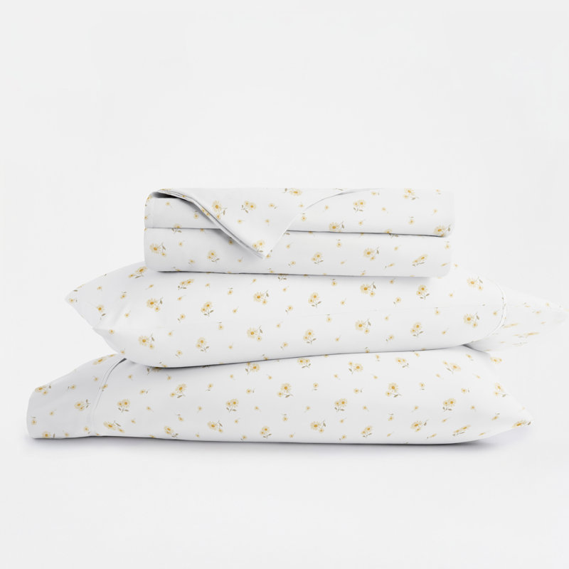Ensemble de literie 4 pièces Ditsy, Ensemble de draps double / double avec 2 taies d'o, Marguerites jaunes