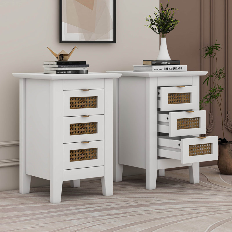 Wooden Nightstands Set Of 2 With Rattan-Woven Surfaces And Three Drawers