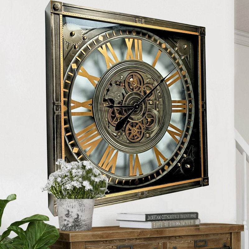 THE GEARS CLOCK Wall Clock with Real Moving Gears LU-LI_ 32 in Square SILVER-ANTIQUE
