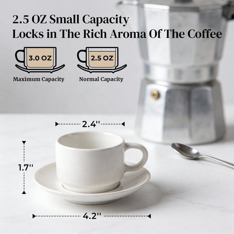 Ceramic White Basic Espresso Cups And Saucers - Set Of 4 (2.5 Oz), 2.5 Ounces