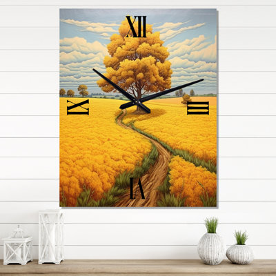 Horloge murale moderne arbre jaune dans un pré doré en fleurs