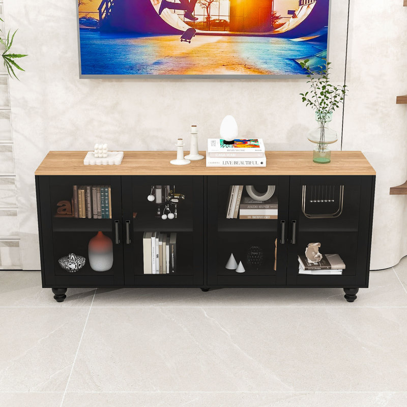 Meuble télé Chic avec portes réglables, pieds en forme de gourde et poignées rétro, Noir
