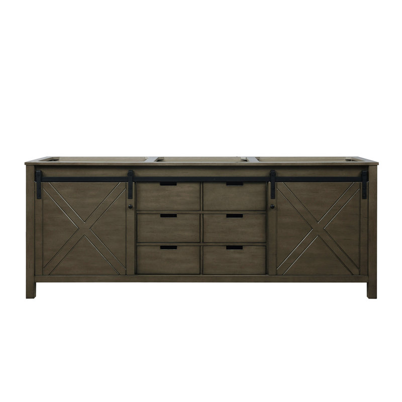 84 po Grand meuble-lavabo double brun rustique avec fonction de fermeture en douceur dans les armoires, six tiroirs, une tablette ouverte pour un grand espace de rangement, des panneaux en contreplaqué E0 à structure en bois massif, une installation sans effort de l 22 po x P, la fermeture