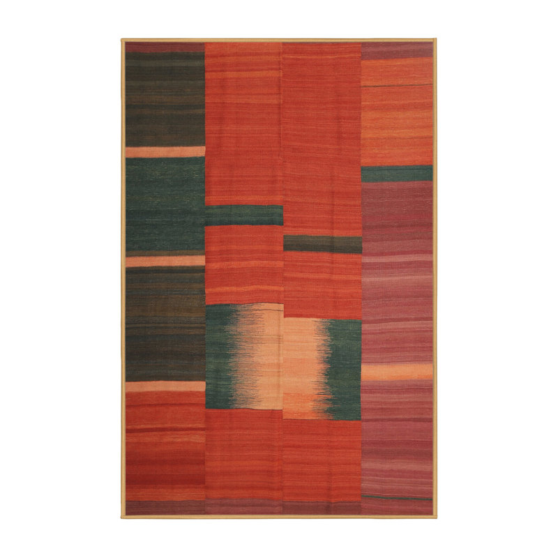 Tapis de zone rouge/vert/orange contemporaine, Rectangle 8 pi x 12 pi