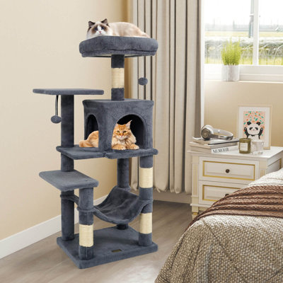 44” Tall Multi-level Cat Tree with Cushion Top Perch, 2-Entrance Large Cat Condo Dark Grey
