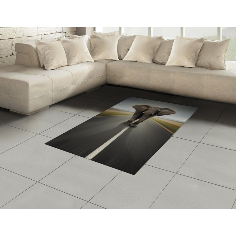 Tapis décoratif à fibres longues haute densité en polyester et coton à motif éléphant, Rectangle— 4 pi x 5 pi 8 po