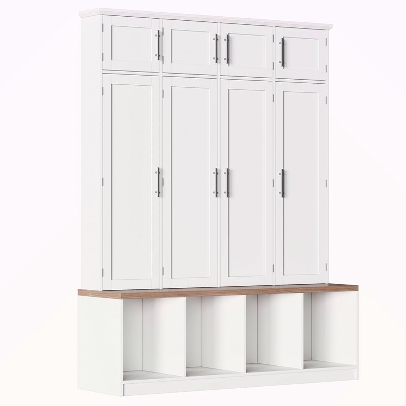 Farmhouse Hall Tree With 4 Hidden Hanging Hooks, Versatile Walnut Seating Bench With 8 Doors, Entryway Shoe Cabinet With Open Compartment For Living Room