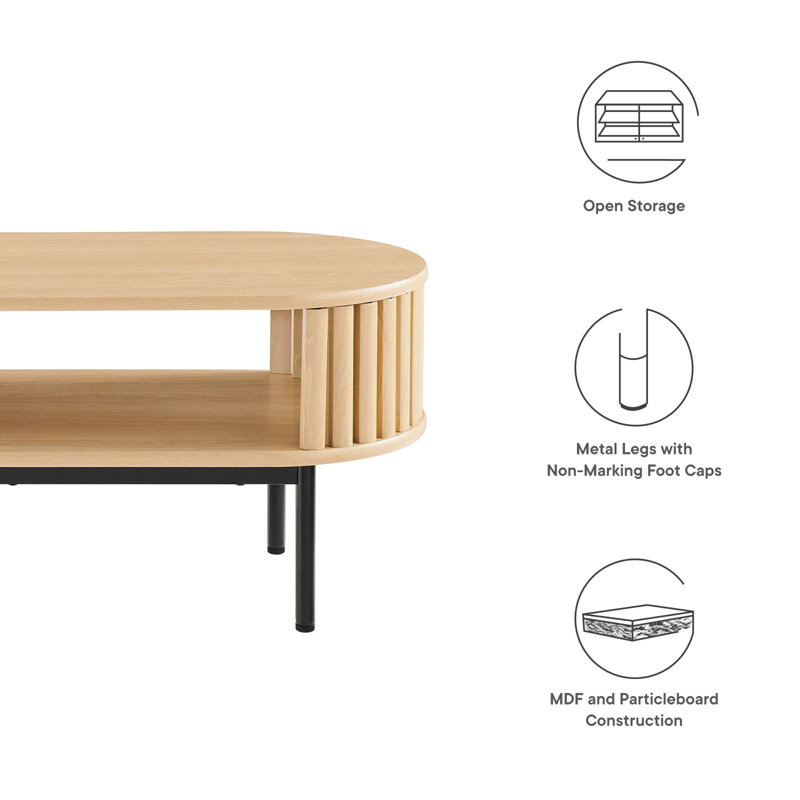 Oak Oval Wood Coffee Table with Black Metal Legs